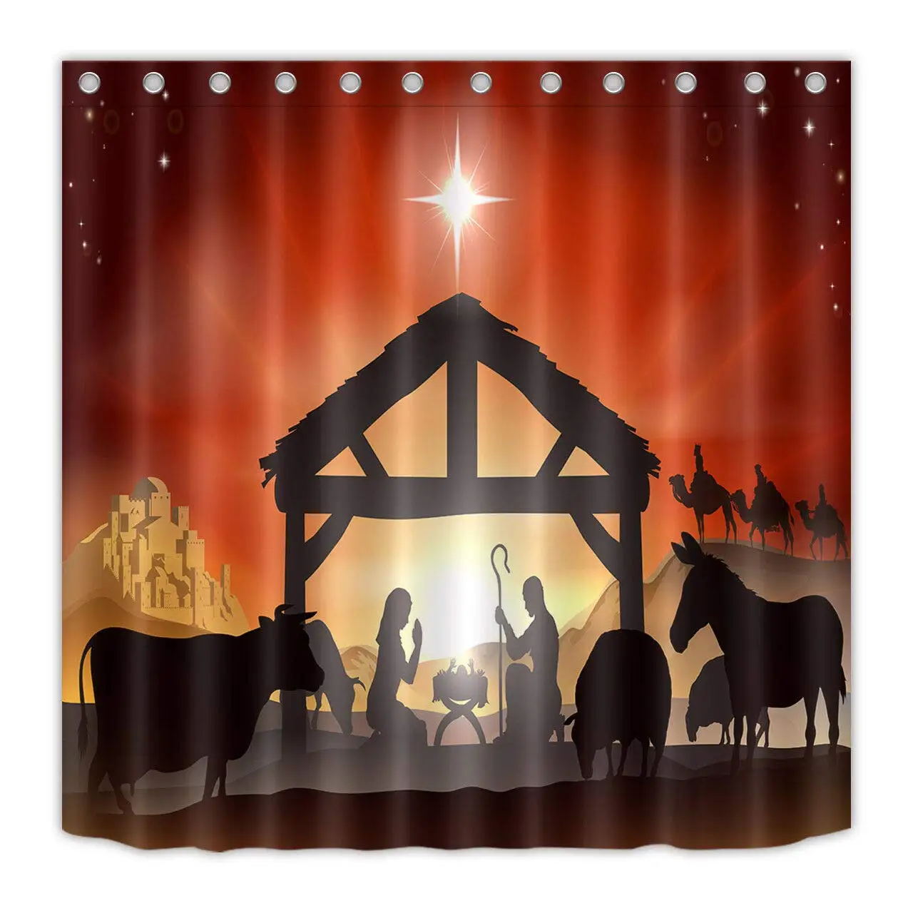 Waterproof Bathroom Shower Curtain Nativity of Jesus Scene Manger Three Kings 3D High-Definition Printing Does Not Fade 12