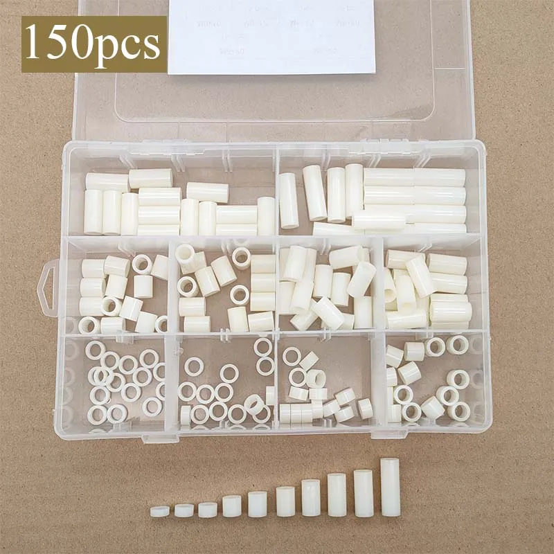 150Pcs 10 Sizes ABS Plastic Round Spacer Assortment Kit OD 11mm ID 6.2mm for M6 Screws Round Straight Tube Plastic Standoff