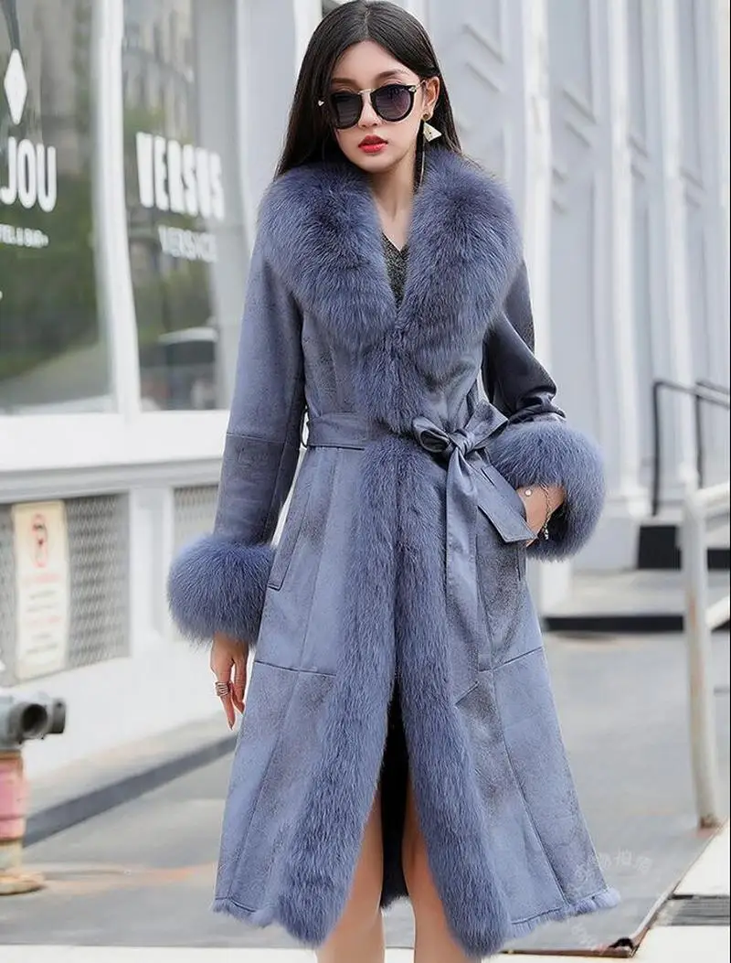2021 New Real Double Face Rabbit Fur Coat Women\'s Mid-Length Winter Close-Fitting Leather Fox Fur Collar Cuffs Fur Garments