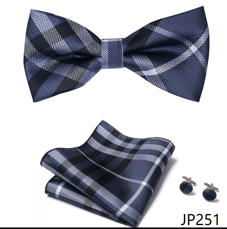 Great Quality Silver Office Butterfly Hanky Cufflink Set Bowtie For Men Geometric Hombre Formal Clothing