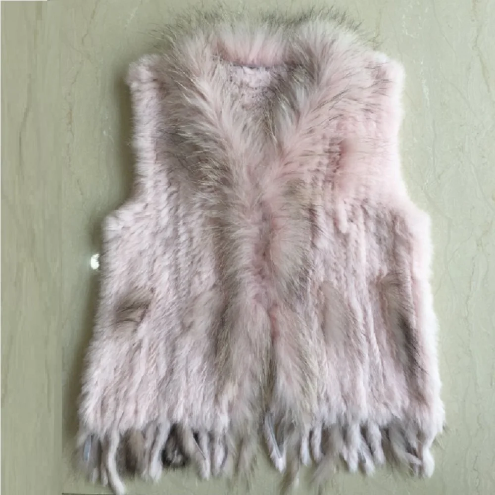 

winter women sweater crochet v-neck knit white vest sleeveless jacket karakul rabbit fur raccoon dog fur collar trim waistcoat