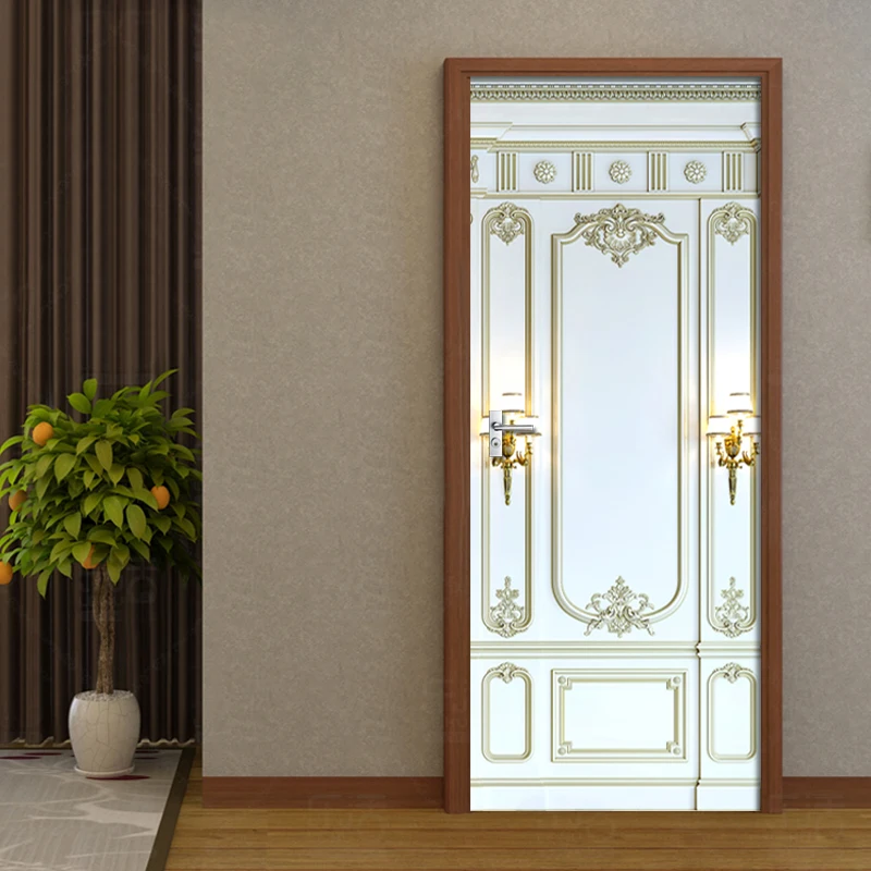 DIY PVC Self-adhesive 3D Door Sticker Waterproof Removable White Frame Pattern Art Wallpaper Living Room Door Decals Decor mural
