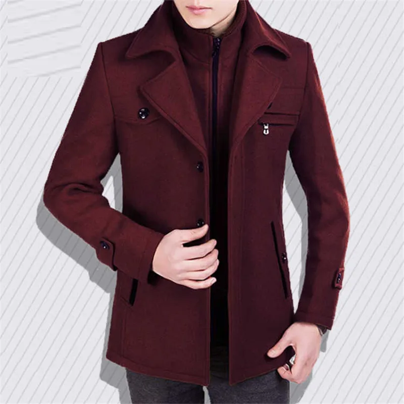 2019 new men's autumn and winter coat men's medium and long woolen jacket men's Mock Neck slim plus cotton thickened coat