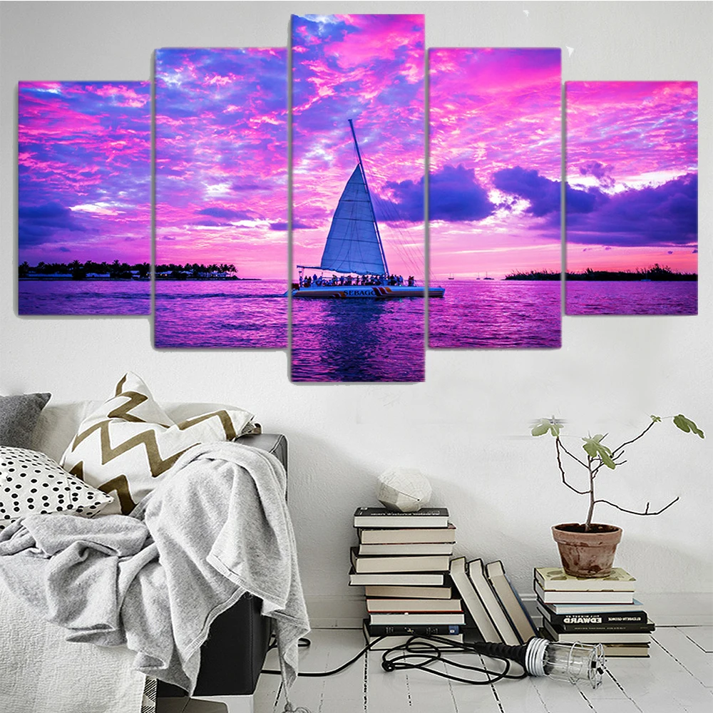 

5 Panel Sailing Seaview Painting Canvas Home Decoration Modern Posters For Living Room Wall Art HD Printed Pictures Frame
