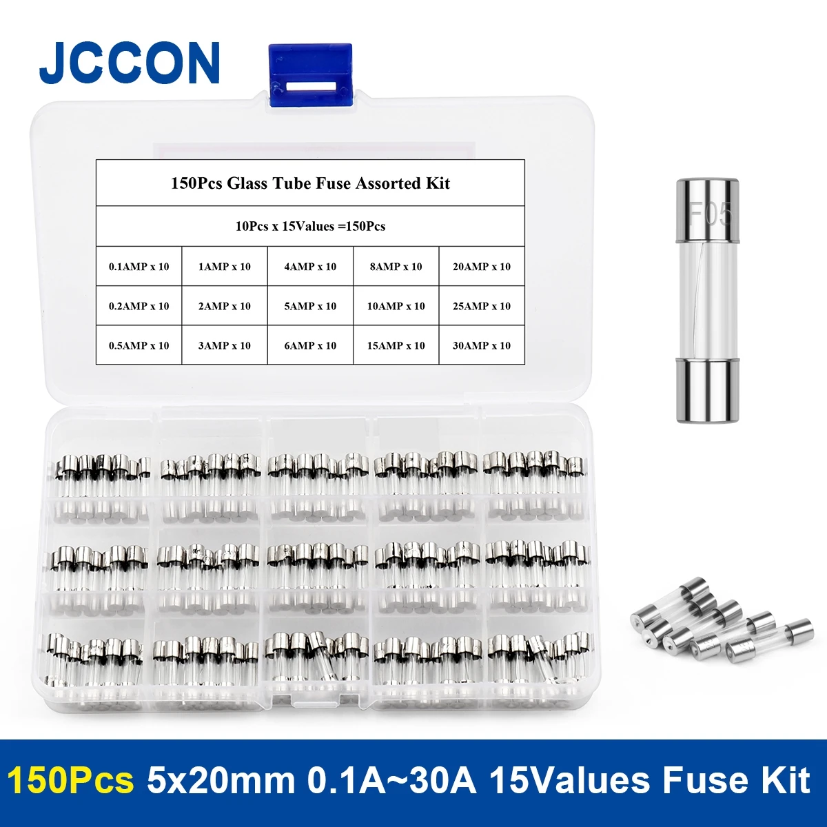 Fusíveis de vidro do sopro rápido dos jogos sortidos do fusível do tubo de vidro de 150 pces fusíveis de vidro do sopro 5x20mm 0.1a 3030a 15 valores x 10 pces jogo sortido