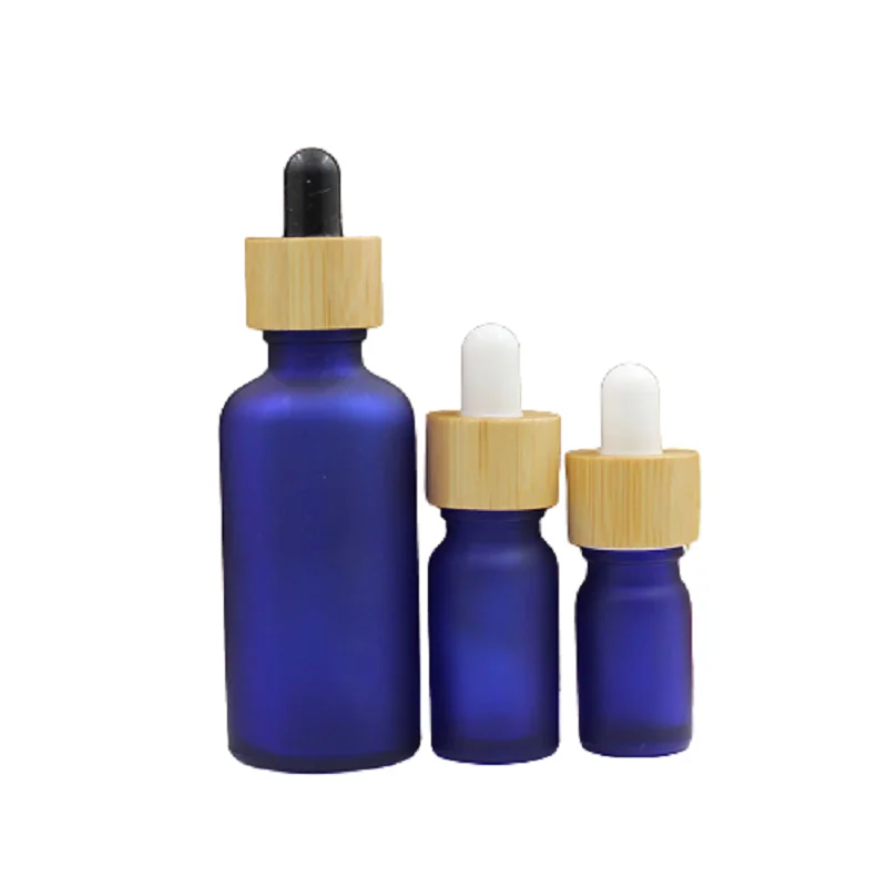 15Pcs Matte Frost Blue Glass Rubber Dropper Bottle 5ml 10ml 15ml 20ml 30ml 50ml 100ml Bamboo Wood Ring Empty Essential Oil Vials