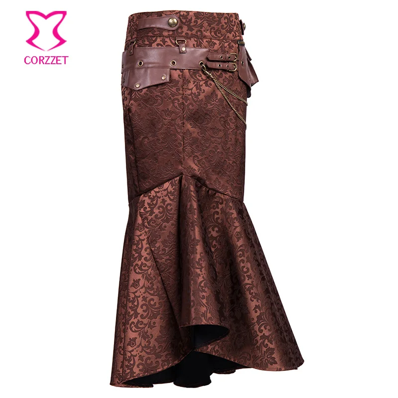 Victorian Brown Brocade Long Skirts With Leather Bag Women Gothic High Waist Mermaid Skirt Steampunk Maxi Skirts High Streetwear