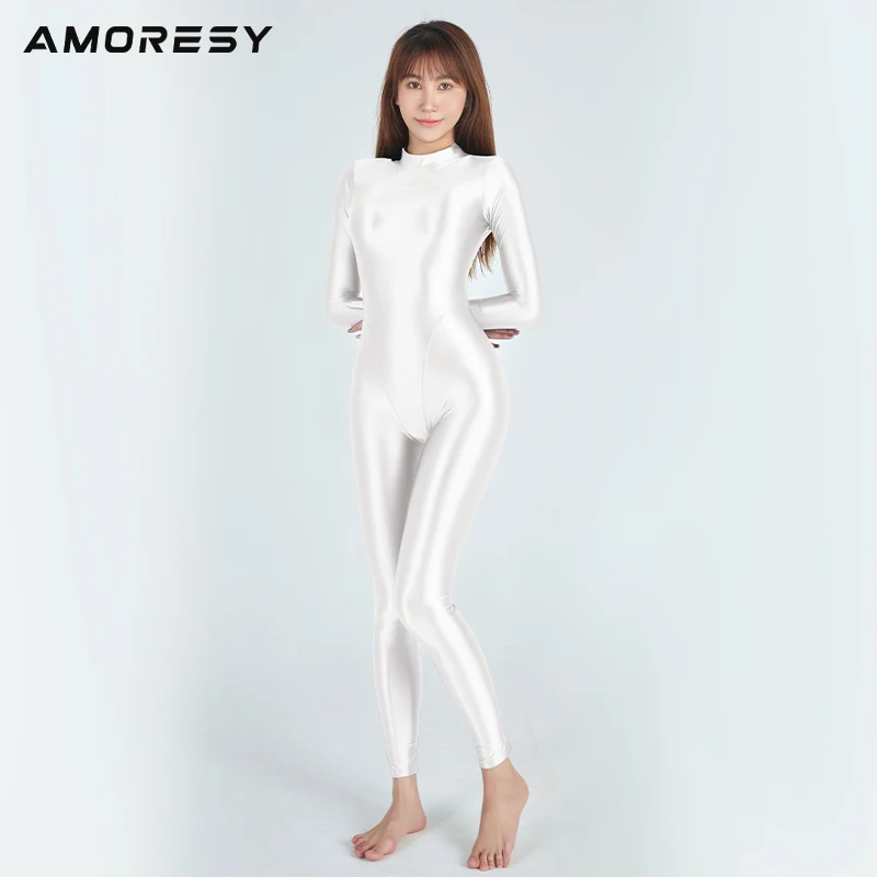 AMORESY Sexy shiny long sleeve full body tights oil smooth running Jumpsuit Yoga casual pantyhose sportswear