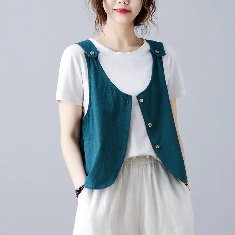 

Cotton Linen Sleeveless Female Vest Jacket Korean Feminine Coat Waistcoat Loose Summer Vests For Women Cardigan aq451