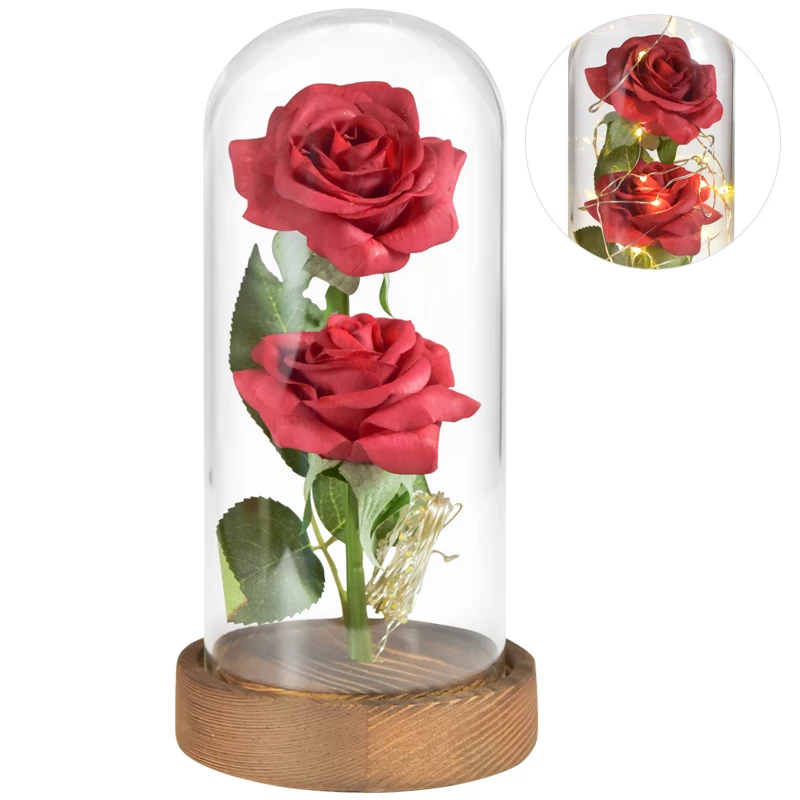 LED Enchanted 2 Roses Beauty and The Beast Eternal Flowers In Glass Dome Romantic Gift for Wedding Birthday Valentine Christmas