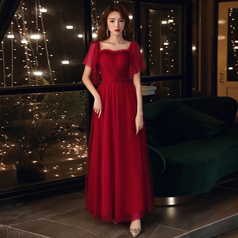 Bride Toast Dress Burgundy Square Neck Wedding Party Temperament Long Skirt Banquet Evening Dress XS S M L XL XXL XXXL