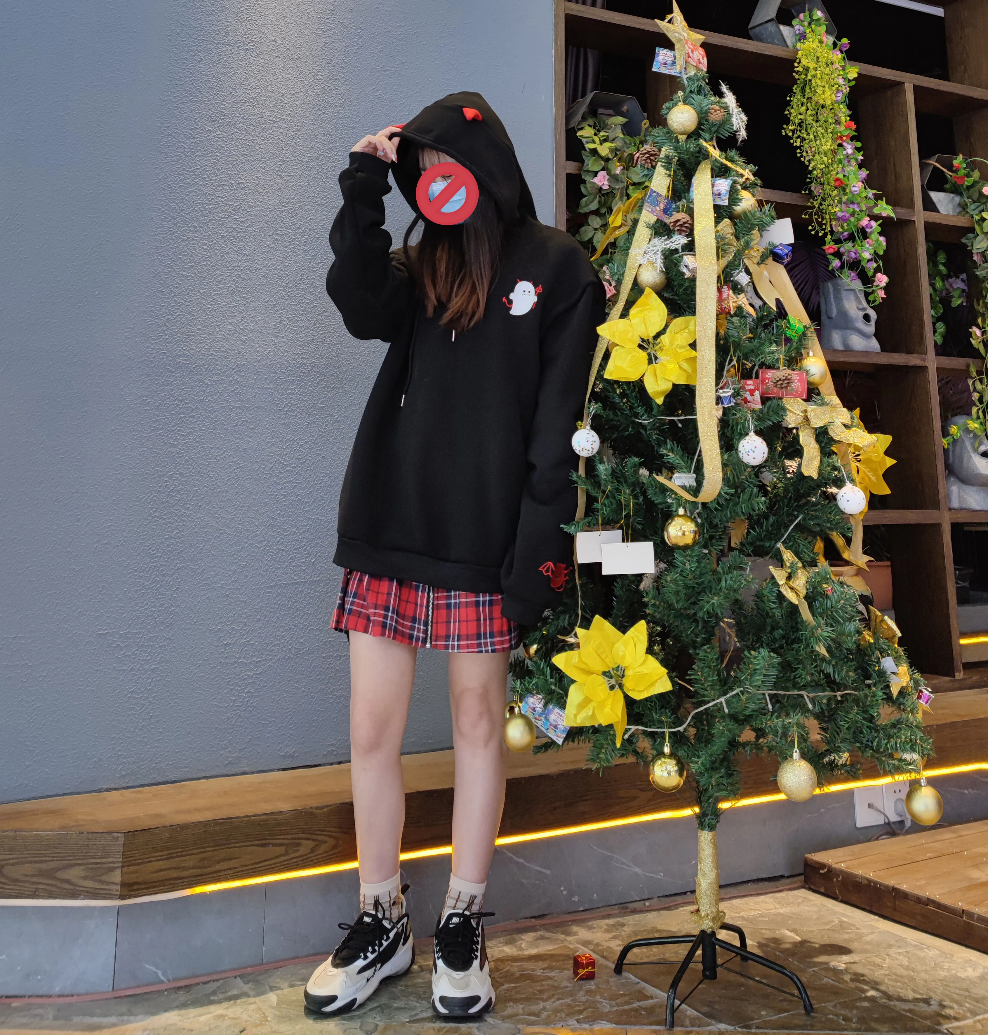 Harajuku Hoodies Girl Little Devil Horns Gothic Hooded Sweatshirts Women Autumn Loose Lolita Pullovers Tops Black White