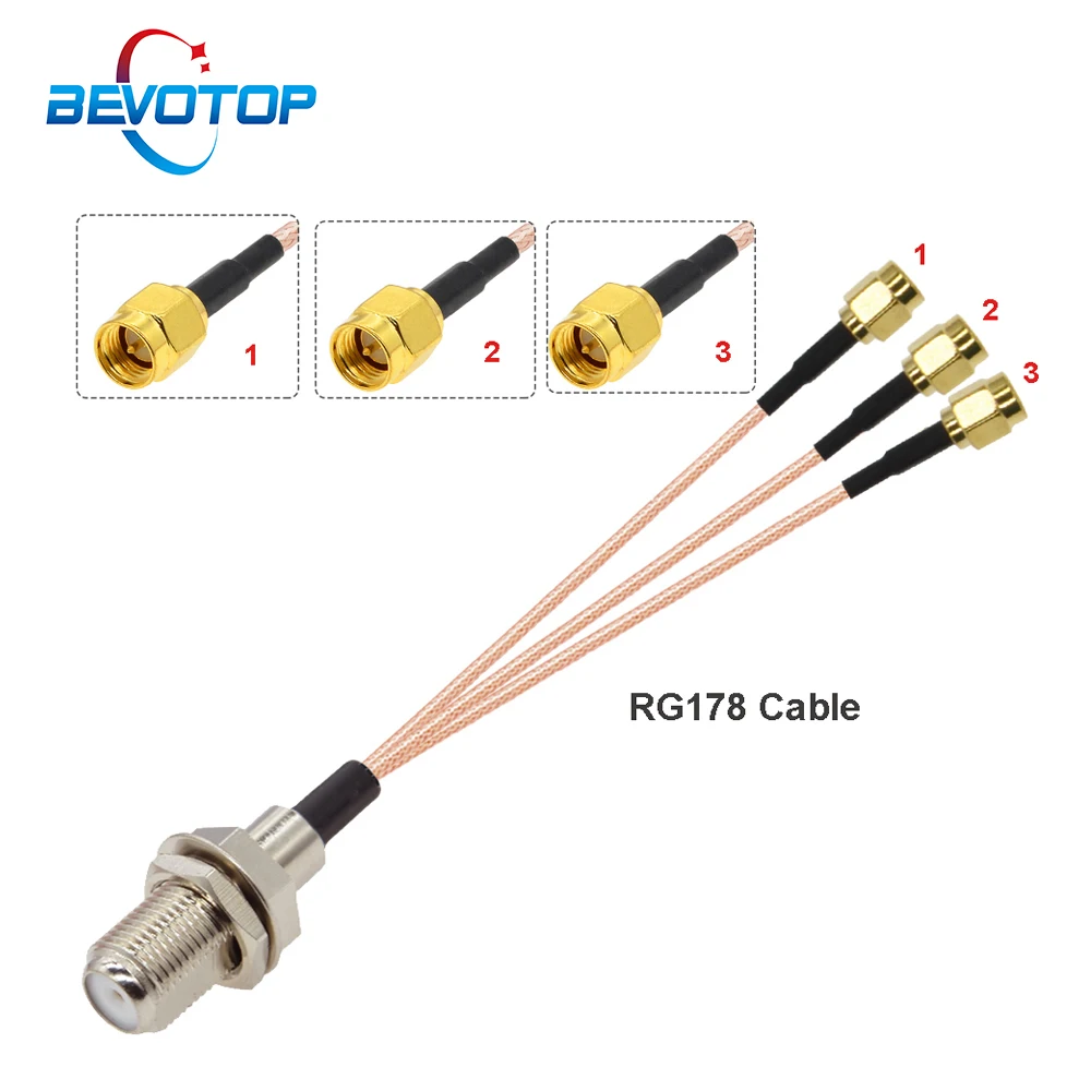 1PCS F Female to 3 SMA Male Plug 1 to 3 Splitter Adapter Cable RG178 Pigtail Jumper Antenna Extension Cable 15CM 6