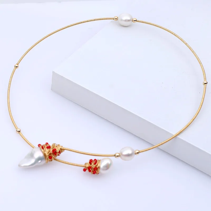 

Free shipping 2021 red crystal baroque fireball real pearl freshwater cultured handmade gold necklace stretch choker hot sell