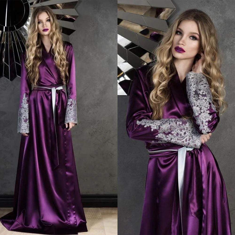 Dark Purple Silk Women Bathrobe Custom Made Long Lace Sleeve With Belt Pregnant Party Sleepwear Sheer Nightgown Robe