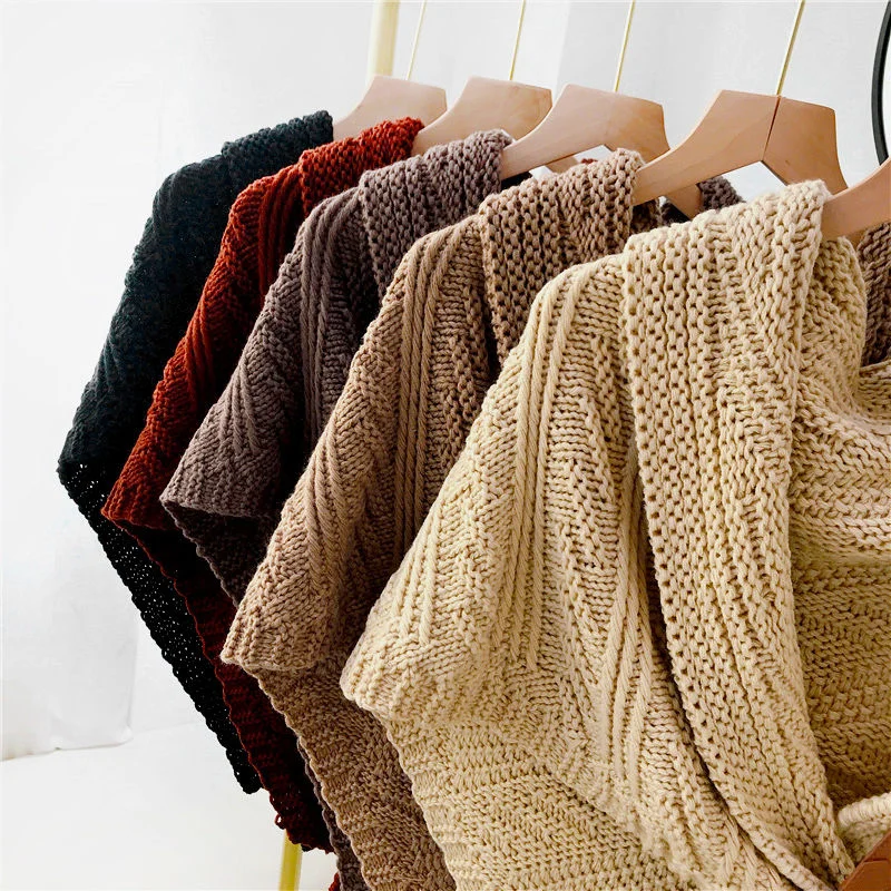 Shawl Women Poncho Knitted Scarf Cloak With Buckle Fashion Tops Autumn Winter Korean Clothes Brown Cardigan Vintage Sweaters