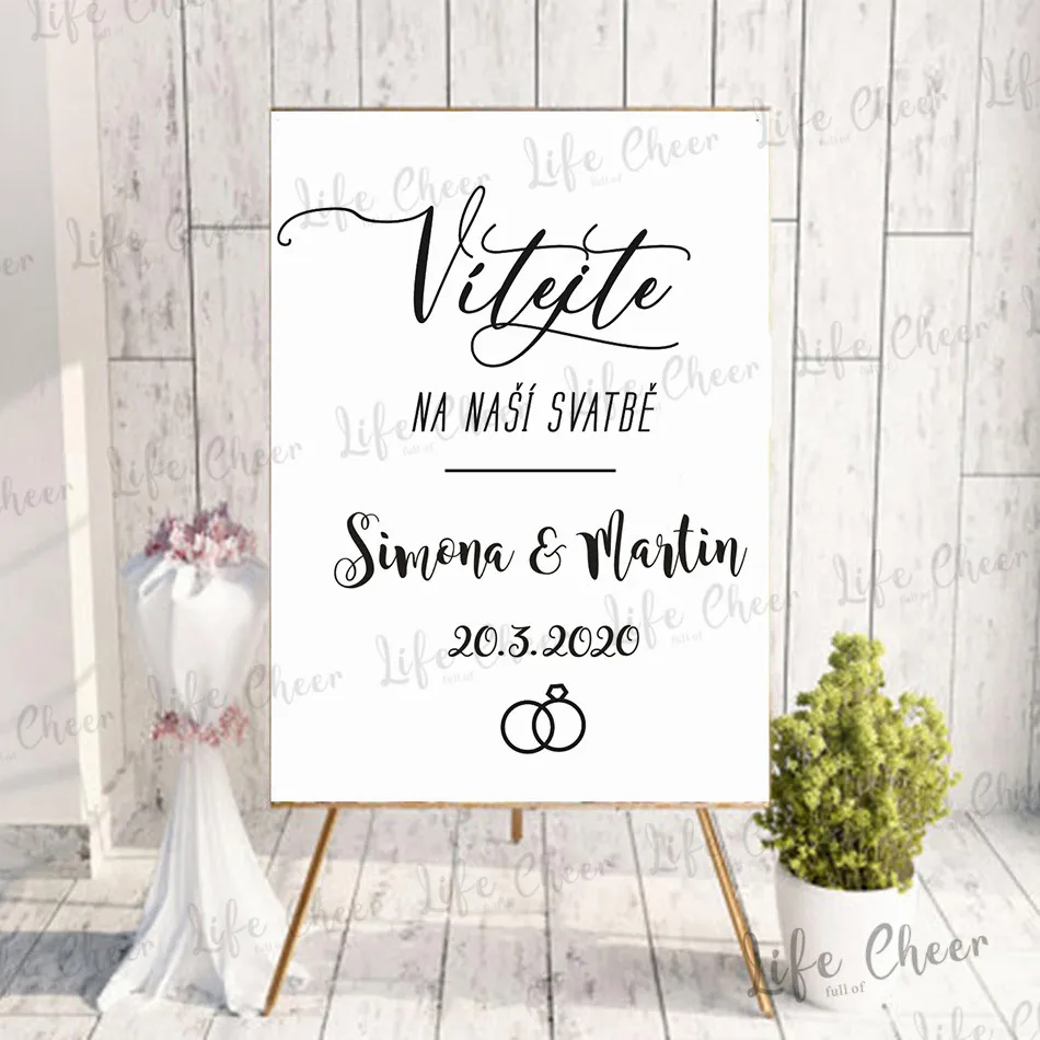 New Design Vítejte Wedding Sign Vinyl Murals Customized Names Date Wedding Mirror Sticker Welcome Board Decals Czech Pattern