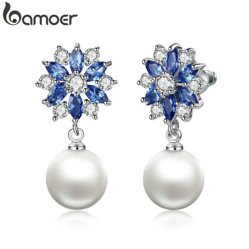 BAMOER Silver Color Blue Crystals Simulated Pearl Dangle Earrings Drop Earrings for Women Earrings Engagement Jewelry JIE069