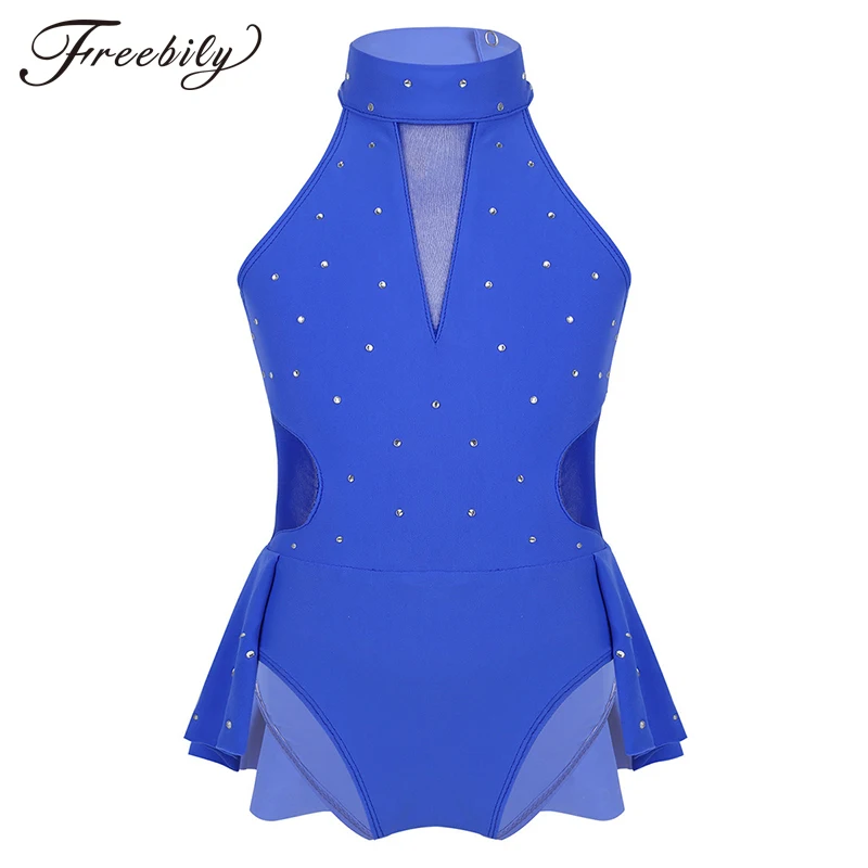 

Kids Teens Shiny Rhinestone Mesh Ballet Gymnastics Leotard Figure Ice Skating Dress Girls Childs Performance Dance Costume