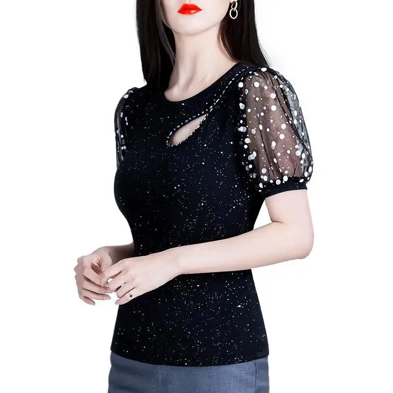 Frauen Frühling Sommer Stil Tees frauen Elegante O-ansatz Aushöhlen Polka Dot Kurzarm Elegante Casual Tops SP1202