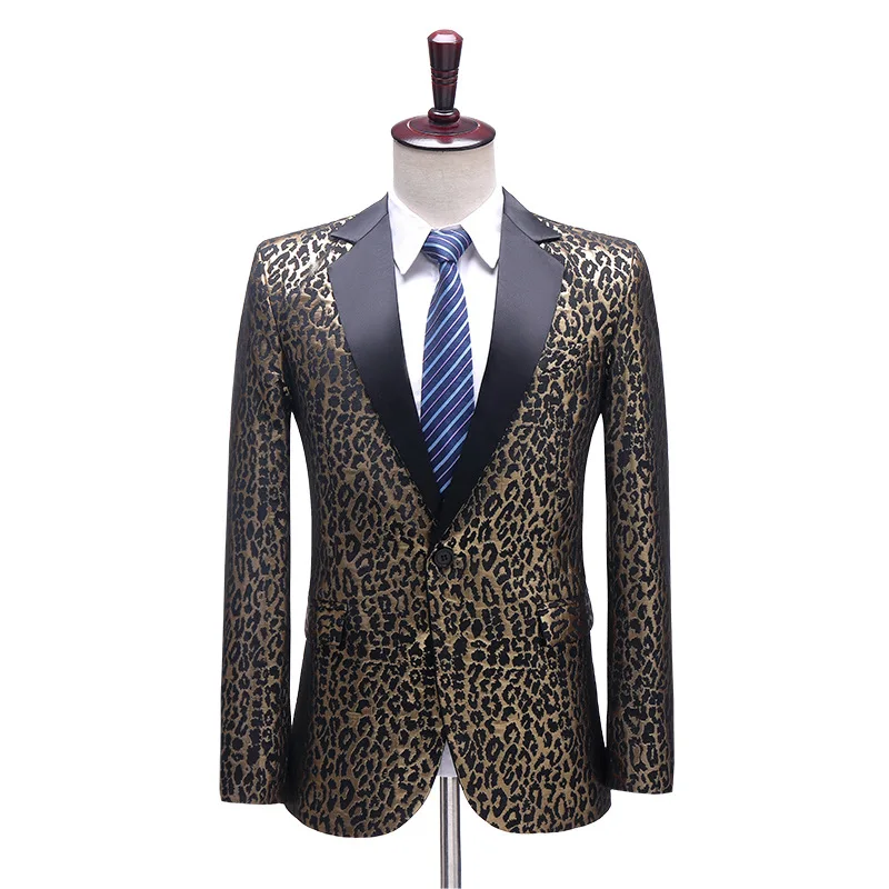 

Men Blazers Party Prom Stage Costume Slim Fit Leopard Print Jacquard Tuxedo Jacket Banquet Ball Singer Host Dancer Nightclub Bar