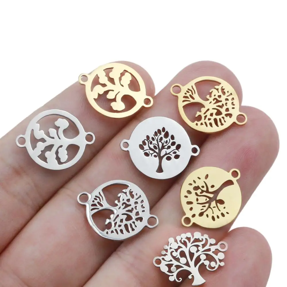 10pcs/lot 15mm Stainless Steel  Life Tree Charms Fit Bracelet Connector Charm Bracelet Necklace for DIY Handmade Jewelry Making