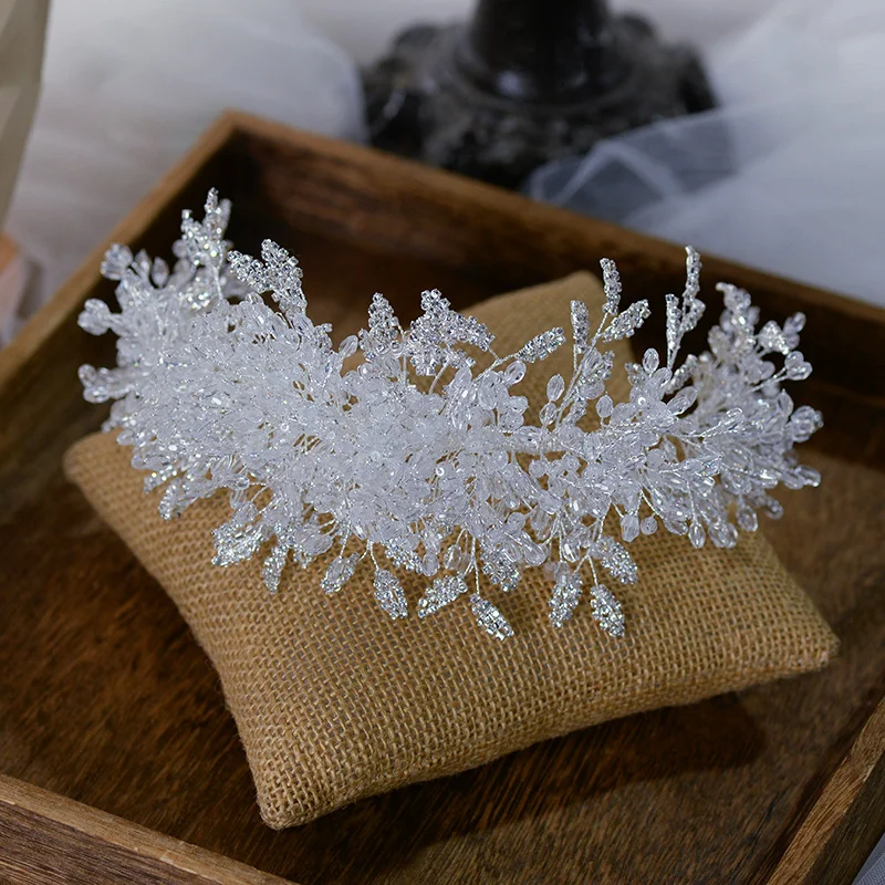 

Luxury Crown White Crystal Tiara Handmade Headbands Beaded Crowns Hair Ornament Bridal Wedding Dress Accessories