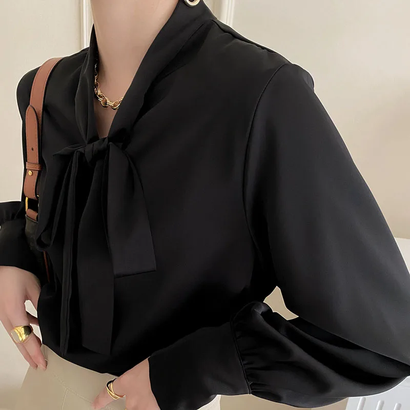 Bow Tie Lantern Sleeve Shirt Women's 2022 Spring Elegant Pullover Satin Blouses Female Clothing V-Neck Black Yellow Apricot 1578