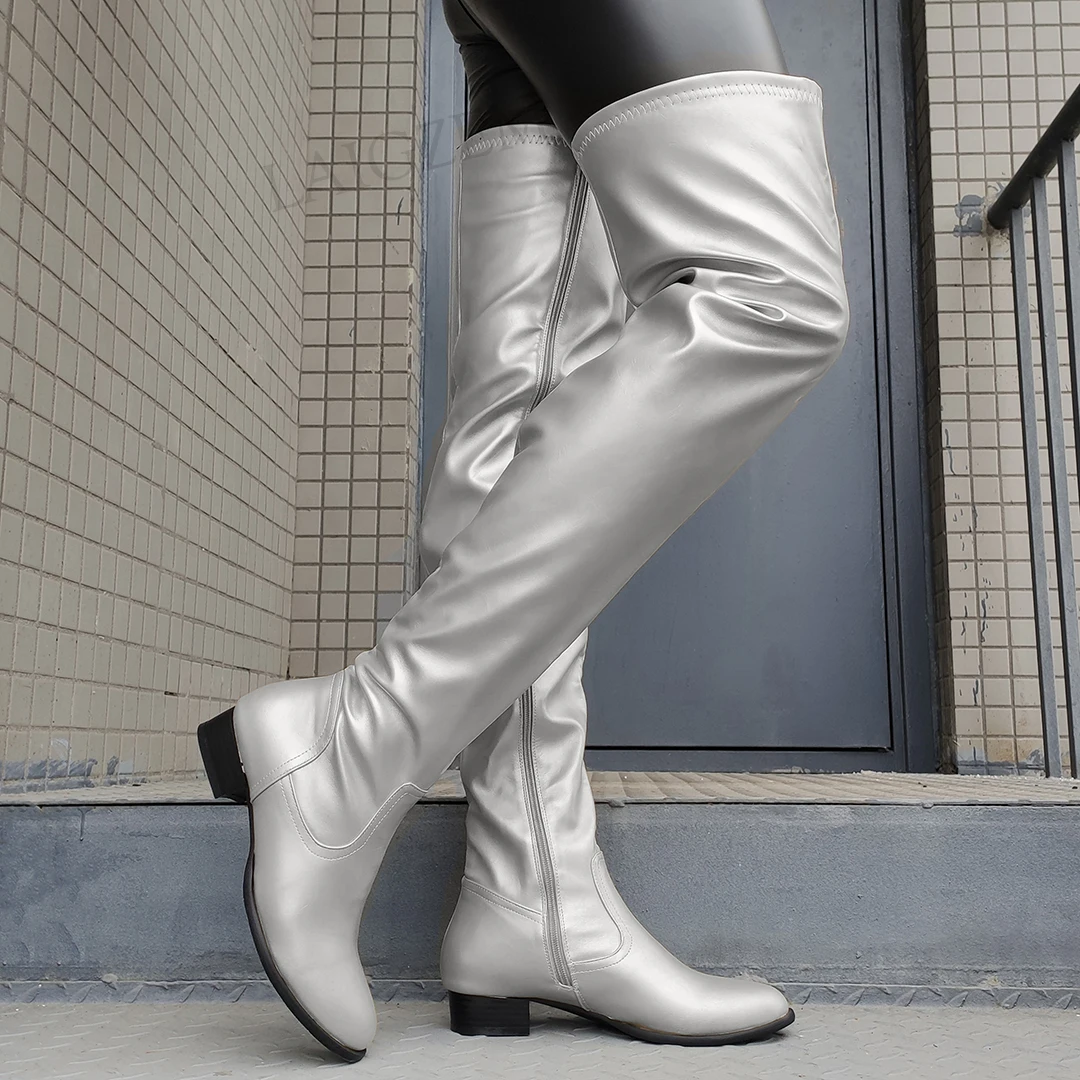 SEIIHEM Women Over Knee High Heeled Boots Side Zip Up Female Handmade Gold Silver Shoes Woman Donne Stivali Big Size 42 48 50 52