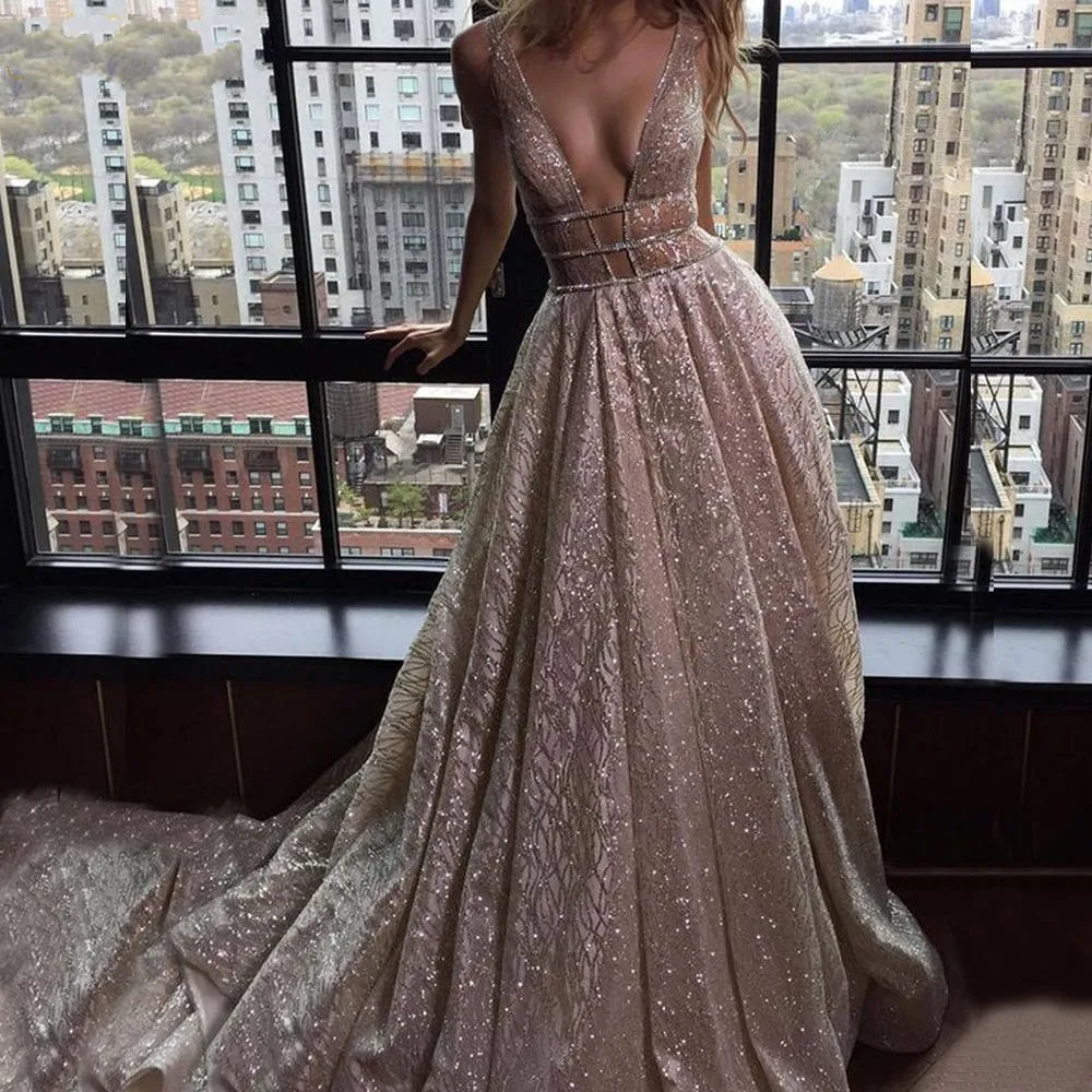 Sparkle Elegant Formal Evening Dress 2022 Silver Champagne Long Sexy V Shiny Prom Party Gown Train Robe De Soirée Vestidos