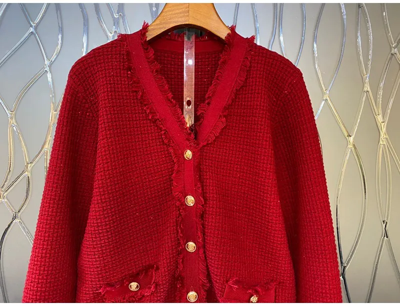 100%Wool Sweater Sets 2021 Winter 2 Piece Knitted Set Women V-Neck Golden Button Pocket Deco Red Cardigan Top+Red Skirt Sets