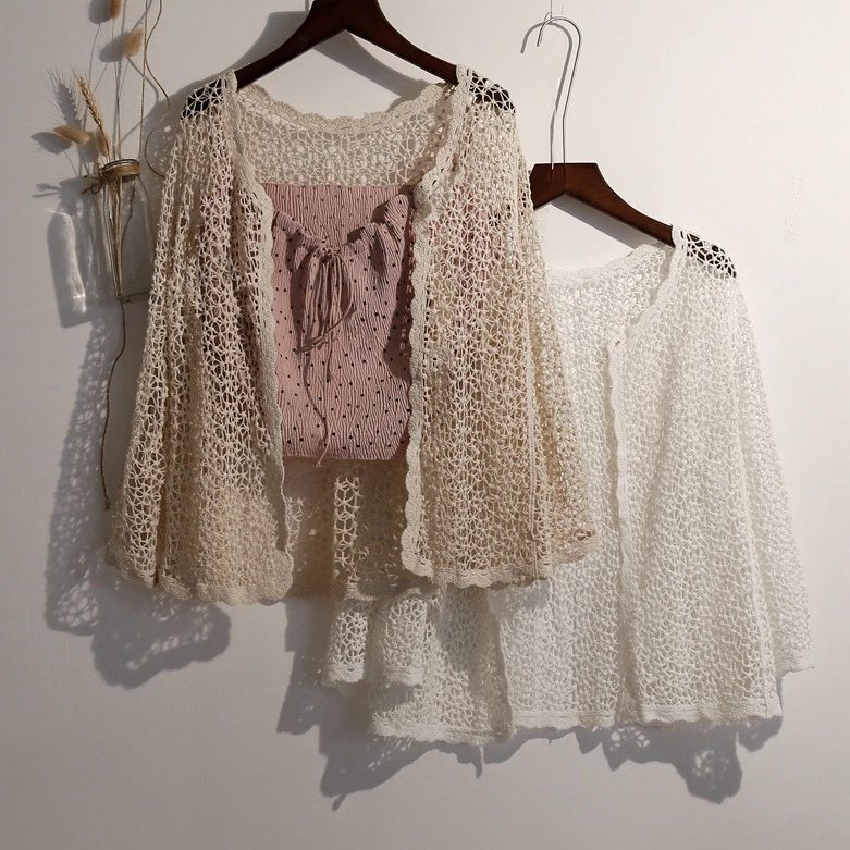 Hollow OUT Kimono Cardigan ฤดูร้อนแขนยาวถักเสื้อผู้หญิง Boho Beach Beige สีขาว Cardigan สไตล์เกาหลีสไตล์