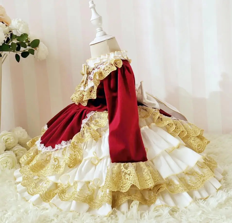 Spanish court  style baby girl velvet princess kids lace stitching party birthday ball gown dress