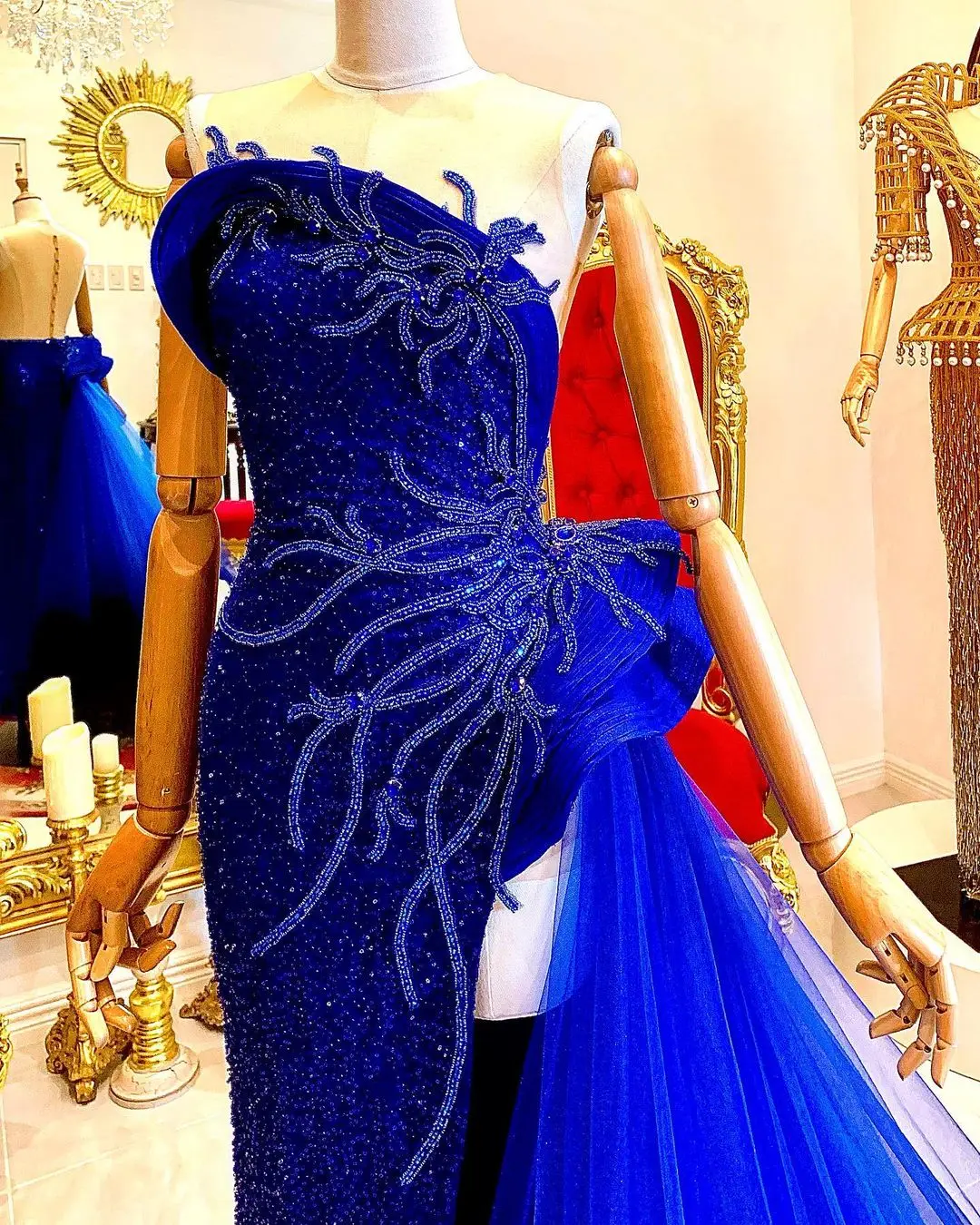 Royal Blue Mermaid luksusowe suknie wieczorowe bez rękawów cekiny świecący wysoki podział Plus rozmiar kobiety Prom sukienki na przyjęcie wykonane na zamówienie