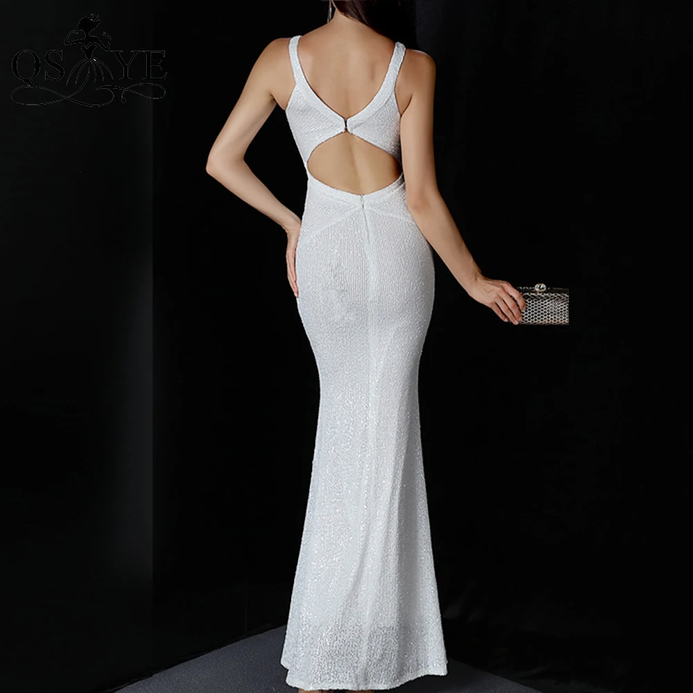 Halter Shiny White Prom Dresses Sexy Back Mermaid abito da sera Sparkle Sequin abito da cerimonia formale Keyhole abito da sera aperto indietro