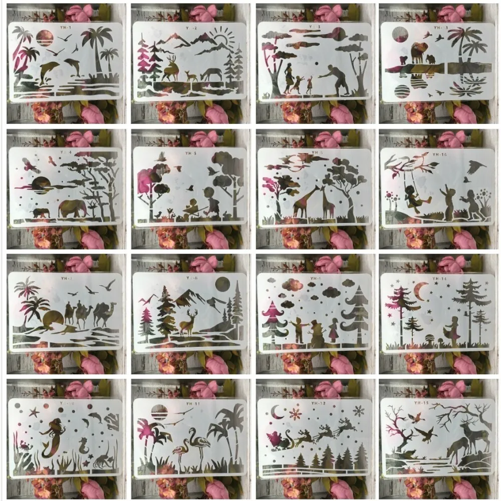 16Pcs/Set A4 Landscape Character DIY Layering Stencils Wall Painting Scrapbook Coloring Embossing Album Decorative Template