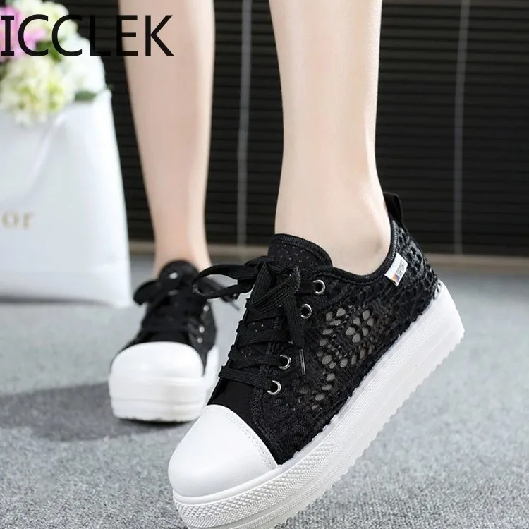 Women Shoes Fashion Summer Casual Shoes White Sneakers Cutouts Lace Canvas Hollow Breathable Platform Sneakers Tenis Feminino