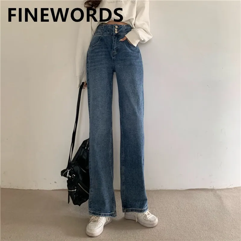 

FINEWORDS 3 Button High Waist Korean Jeans Women Vintage Casual Streetwear Mom Jeans Loose 2022 Wide Leg Denim Pants