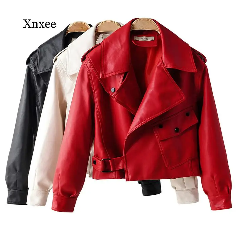 

Autumn Women Pu Leather Jackets Short Coat Turndown Collar Belt Lace-Up Motorcycle Black Punk Red Overcoat Female Outwear