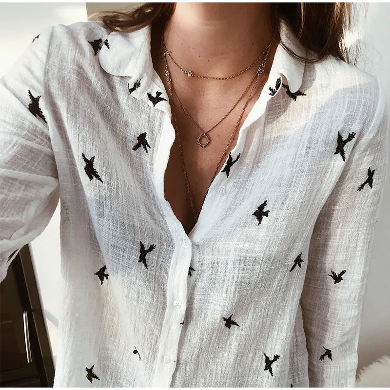 Women\'s Birds Print Shirts 35% Cotton Long Sleeve Female Tops 2023 Spring Summer Loose Casual Office Ladies Shirt