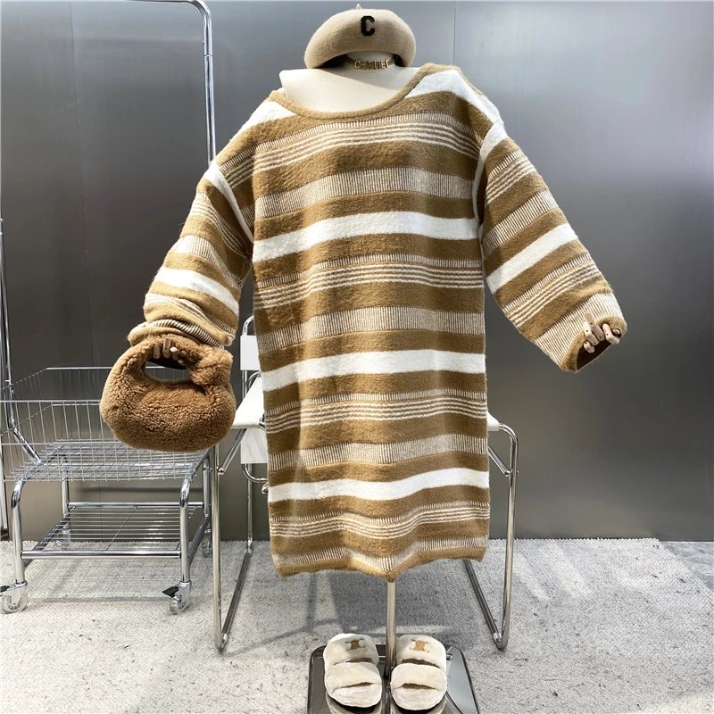 

New Contrast Striped Pull Over Shoulder Pullover Medium Length Knitted Dress Lazy And Versatile Loose Bottomed Wool Dress