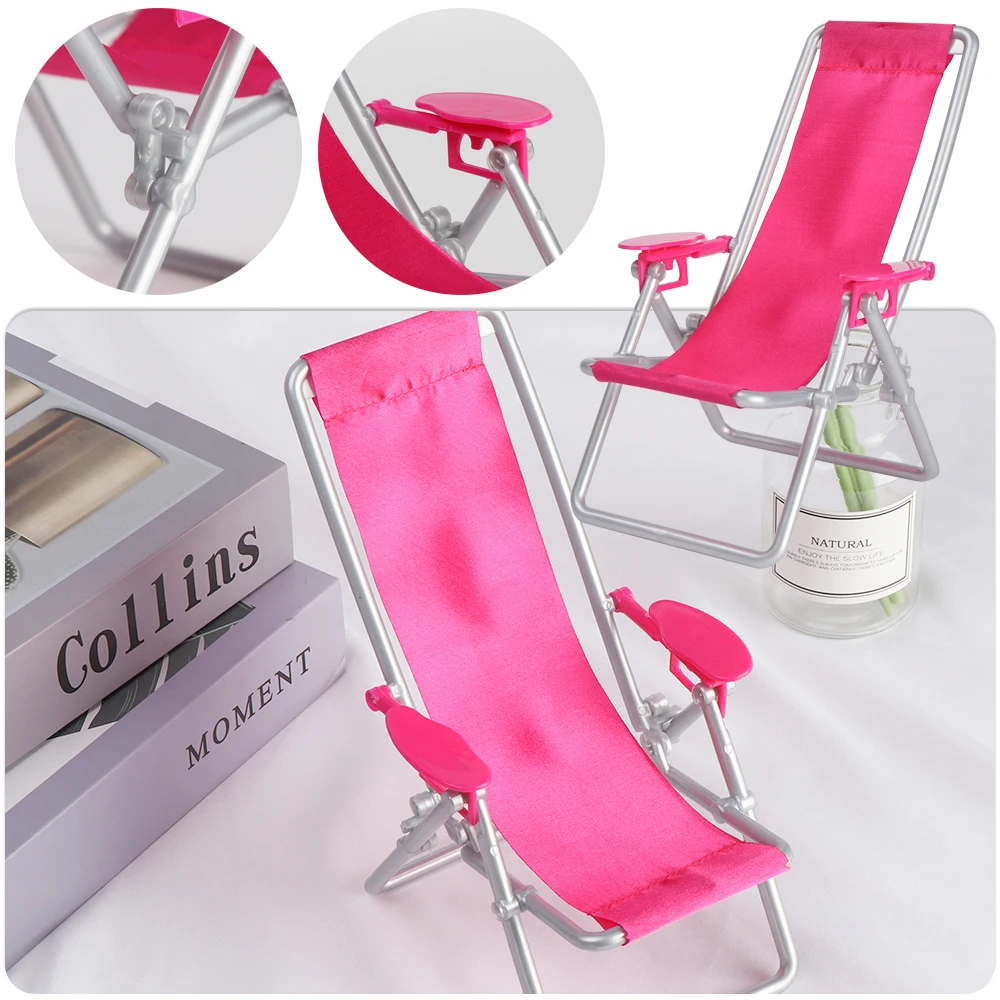 Dollhouse Furniture Swim Foldable Deckchair For 1:6 Scale Doll House Lounge Pink Rose Beach Chair Doll Accessories