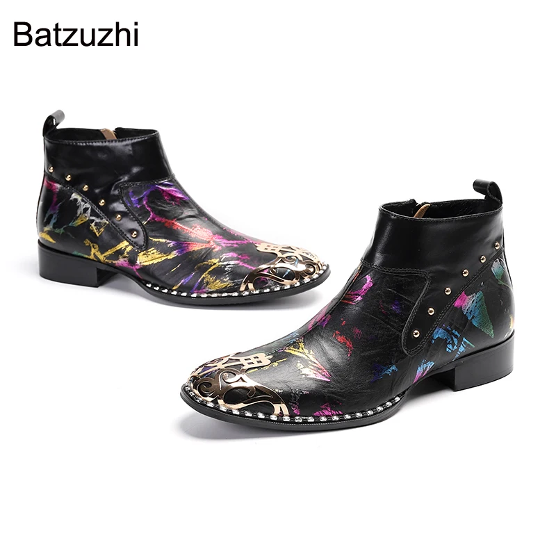 

Batzuzhi Men Boots Fashion Black Genuine Leather Ankle Boots Men Zip Party and Wedding Botas Hombre, Big Size EU38-46