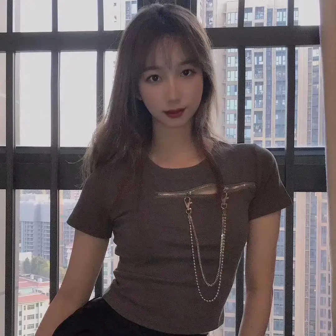 

Zipper short sleeve female 2021 summer new Korean student versatile T-shirt slim short top