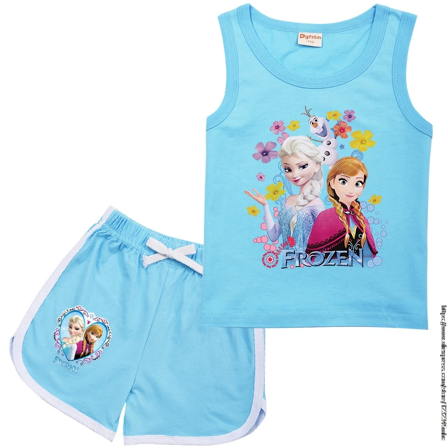 Hot Summer Frozen Kid Sport Clothes Set T-Shirt + Shorts 2pcs Child Vest Shorts Suit Sleeveless Girl Clothing Casual Suit