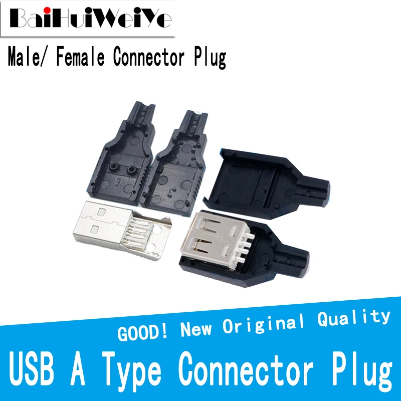 10Pcs/LOT USB DIY USB 2.0 Connector Plug A Type Male 4 Pin Assembly Adapter Socket Solder Type Black Plastic Shell Male/ Female