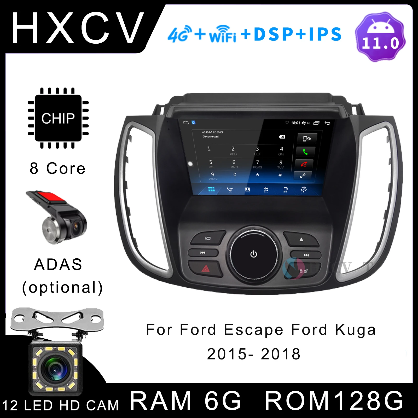 HXCV Android Smart Car Radio For Ford Escape Ford Kuga gps navigation 4G car Stereo  DAB+ Carplay 2015- 2018