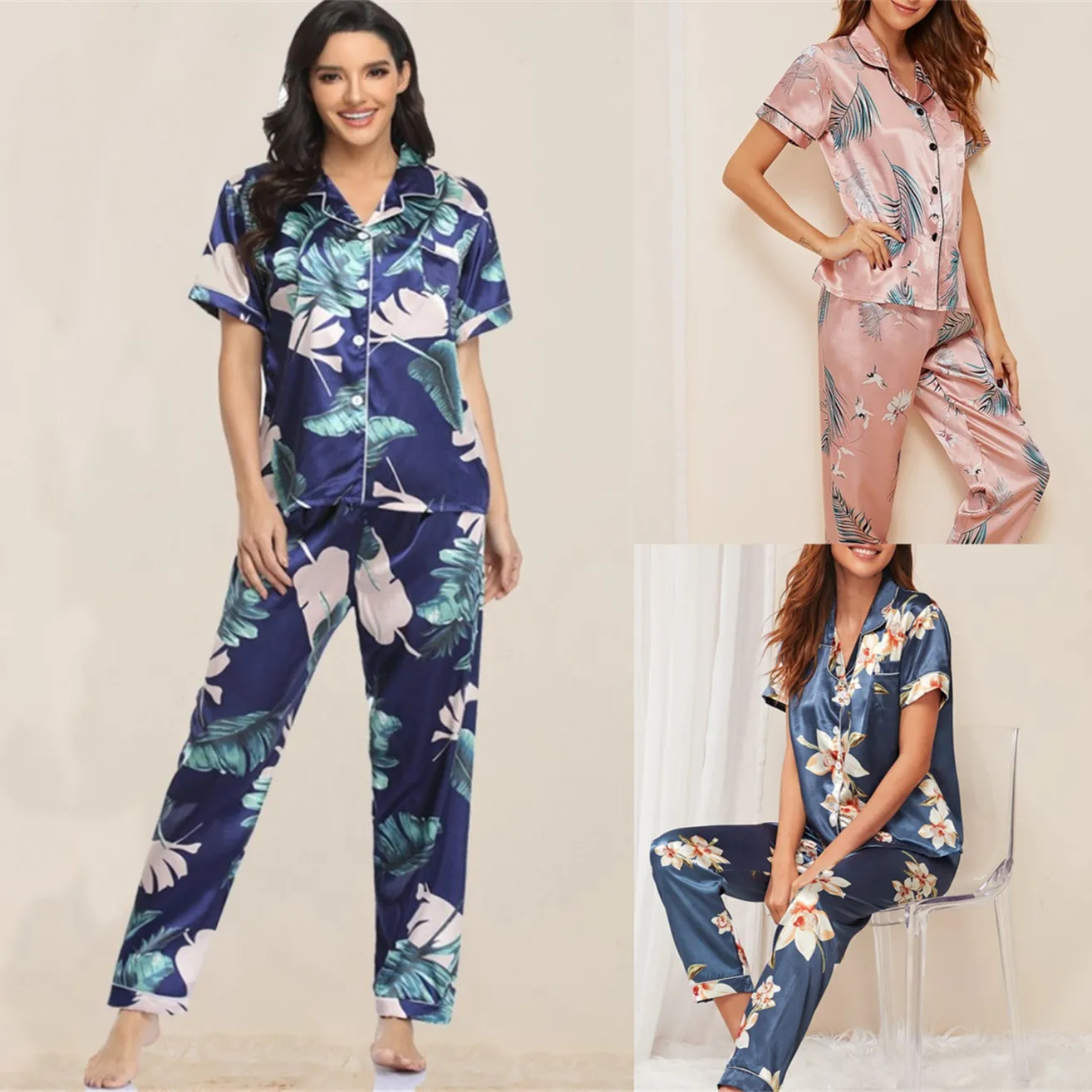 

Print 2PCS Shirt&Pants Pajamas Suit Pyjamas Rayon Nightgown Home Wear Sleepwear Lady Loose Nightwear Sleep Set Intimate Lingerie