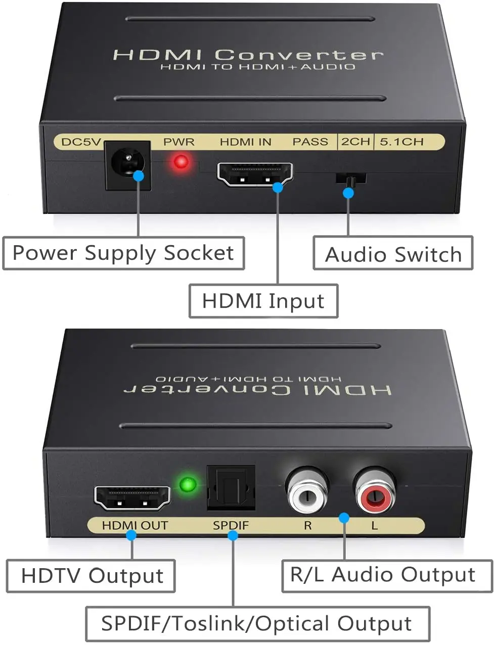 1080P ekstraktor dźwięku HDMI konwerter Splitter 4k 5.1 DTS ekstraktor dźwięku HDMI Splitter do HDMI i optyczne SPDIF + RCA L/R