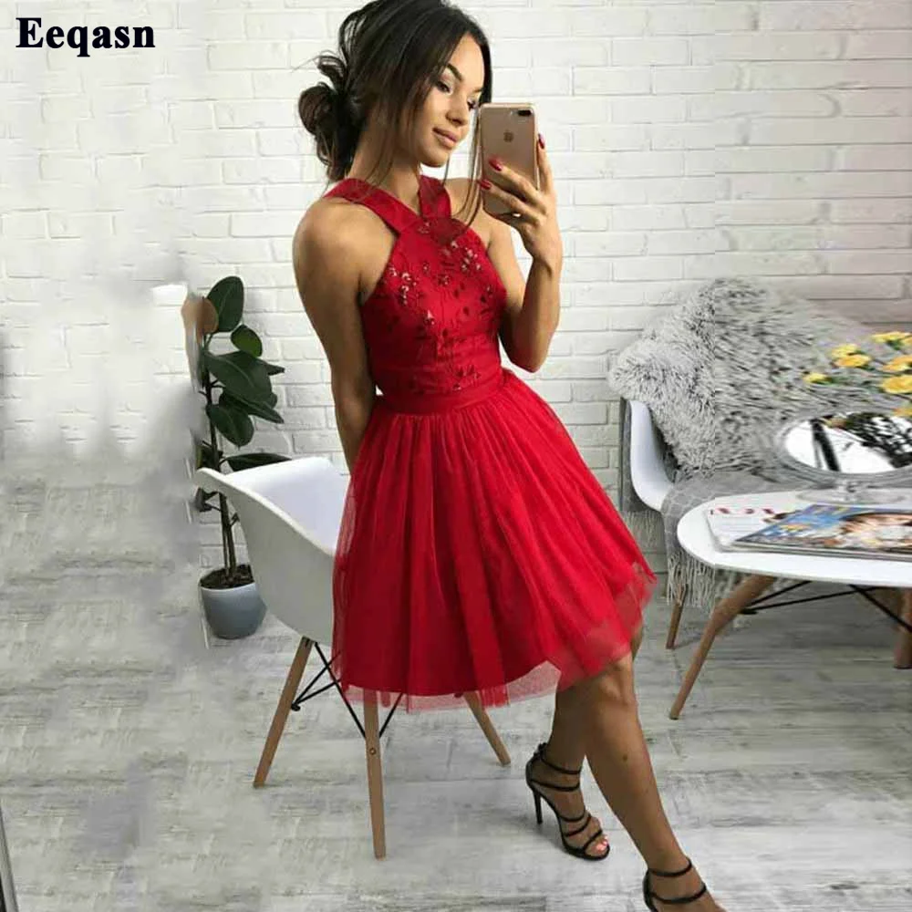 

Eeqasn Red Lace Tulle Homecoming Dresses A Line Beaded Knee Length Short Prom Dress Formal Graduation Party Gowns For Junior